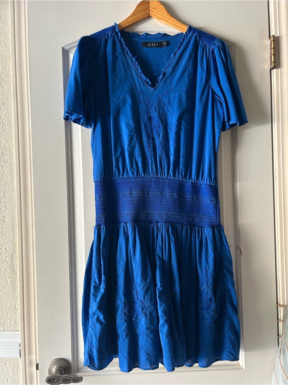 Lauren Ralph Lauren Sapphire Blue Embroidered Smocked Dress Size 4